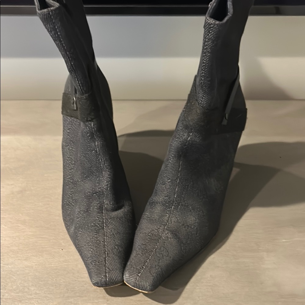 Gucci denim monogrammed midi boot.